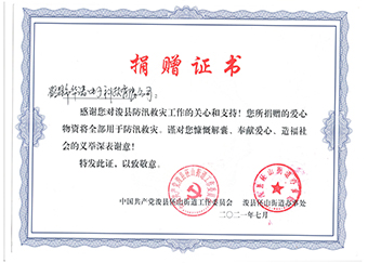 ?？h伾山街道辦事處《防汛救災(zāi)捐贈證書》